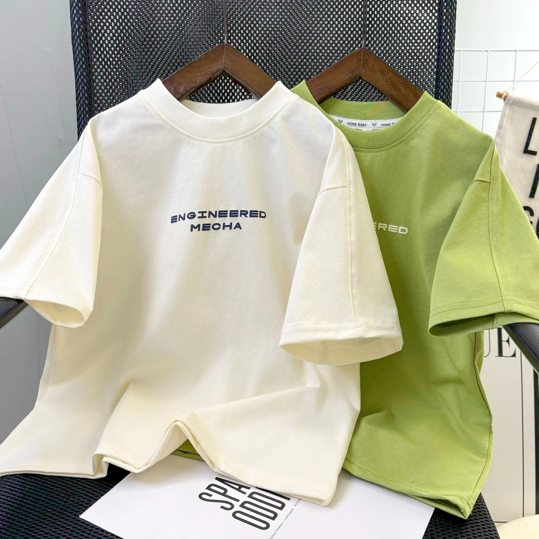 夏季新款男童男女童时尚百搭字母拼接短袖中大童洋气韩版休闲T恤