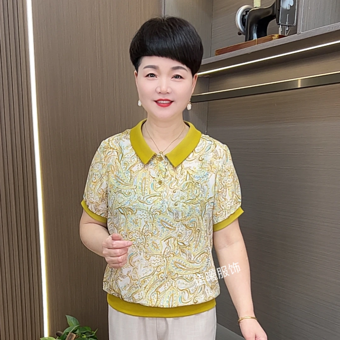 薄款宽松型短袖翻领中老年女装印花夏装清凉感T恤F2668