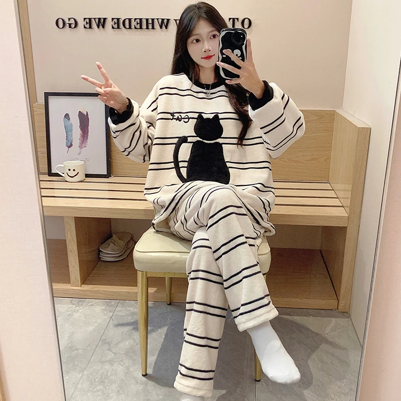 珊瑚绒睡衣女款秋冬季加绒加厚条纹卡通可爱保暖可外穿家居服套装