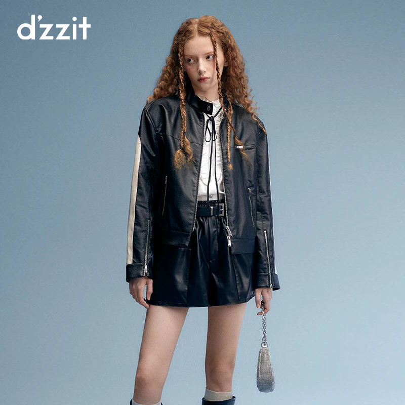dzzit地素秋冬酷飒环保皮拼色外套少女风潮流机车上衣女3H3F42
