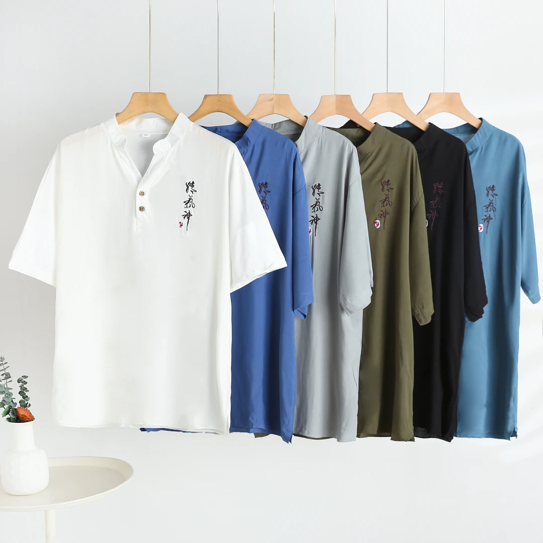 男士夏季棉绸中国风短袖T恤复古中式立领开领薄款人造棉上衣凉感