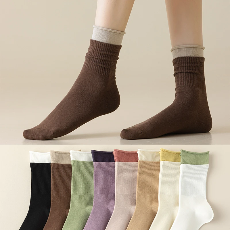 袜子女中筒棉袜奶盖纯色中筒袜秋天冬季抗起球日系百搭卷边堆堆袜