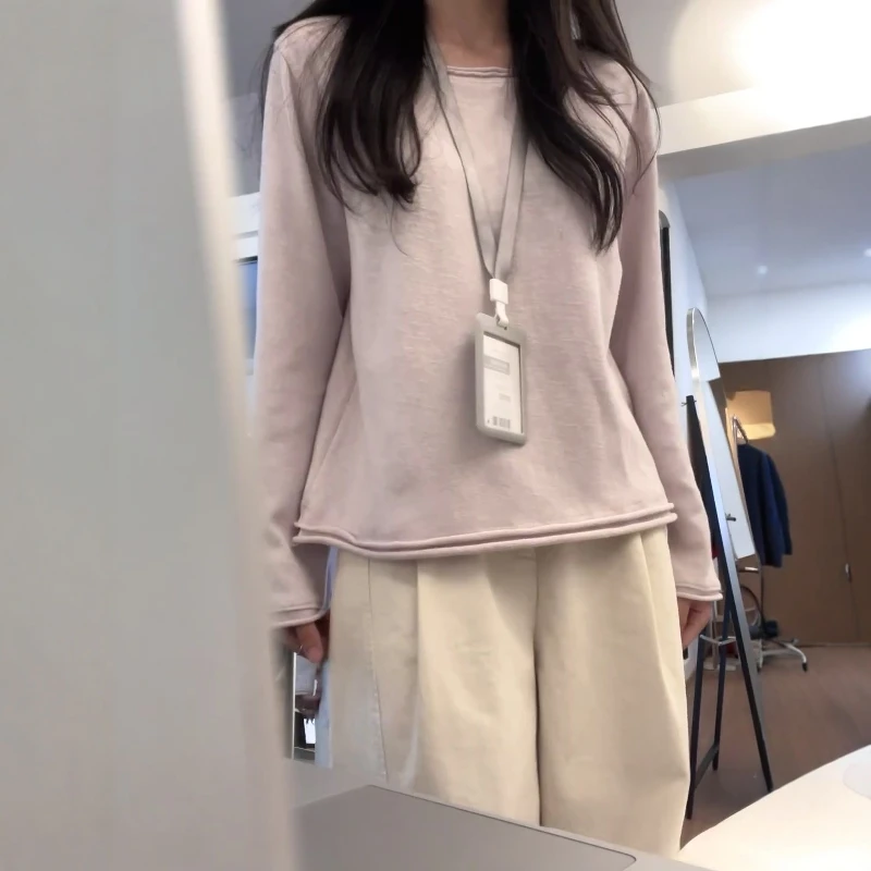 藕粉色薄款圆领针织衫女2025秋季新款慵懒松弛感宽松百搭长袖上衣