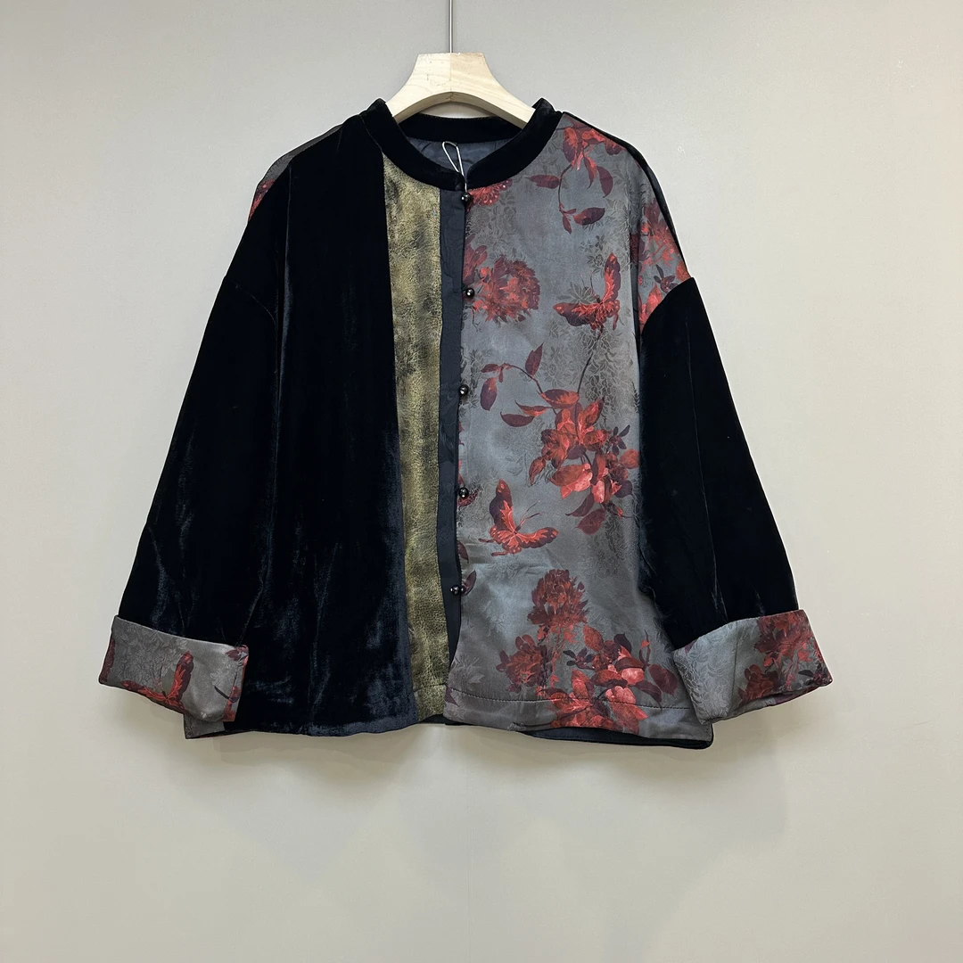 原创设计 高货外套真丝丝绒拼接提花新中式外套