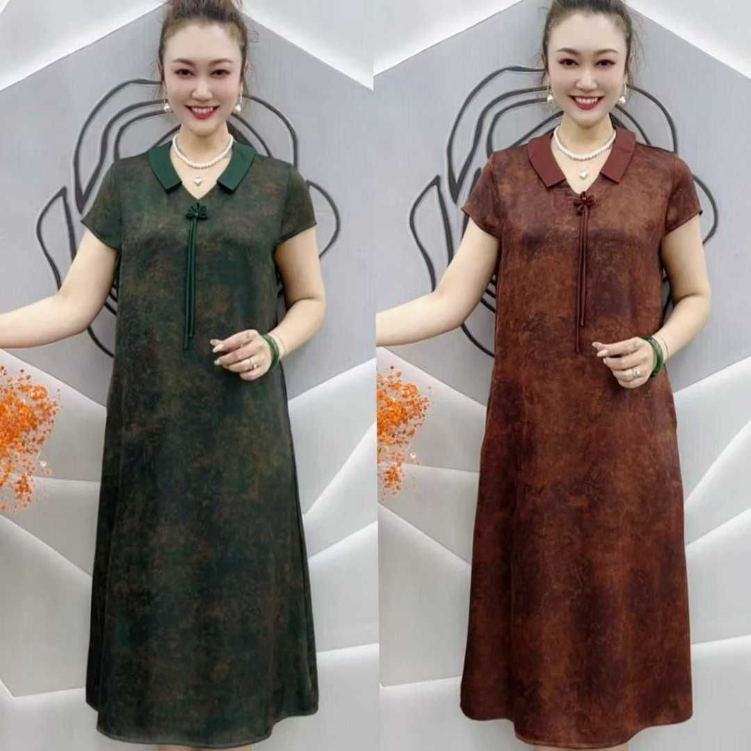 H夏季新款中年妈妈装连衣裙时尚翻花V领宽松舒适中长显瘦妈妈裙