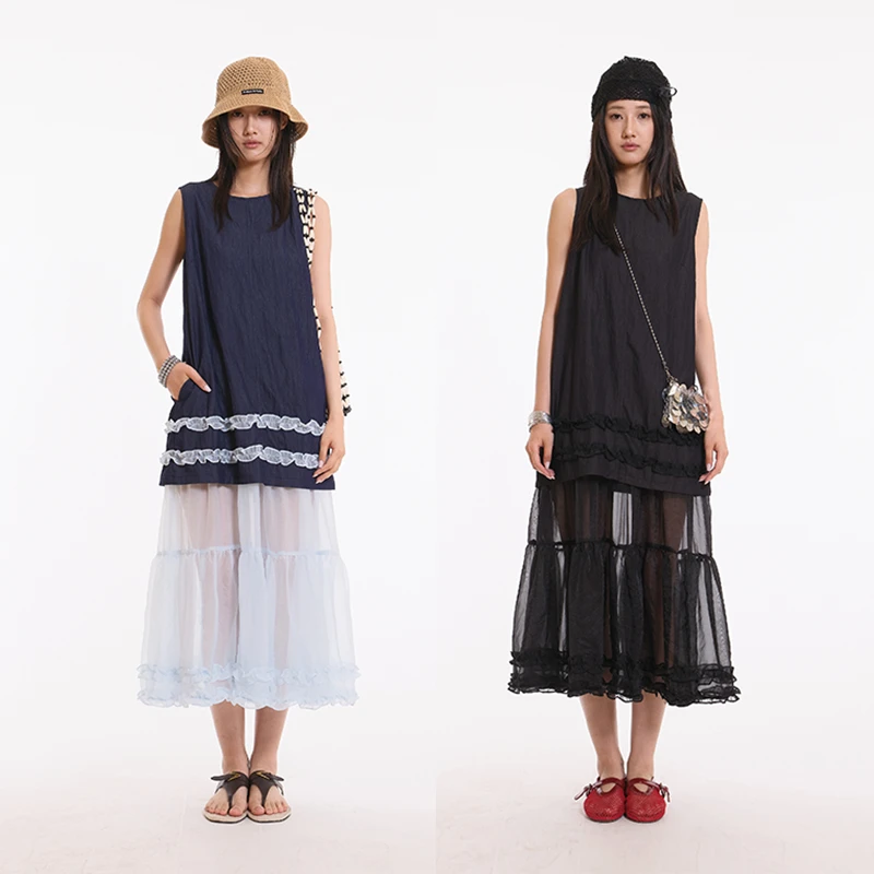 【拍一发二】MIMBLANCHE 25PF秋季新款木耳边装饰连衣裙拼接无袖