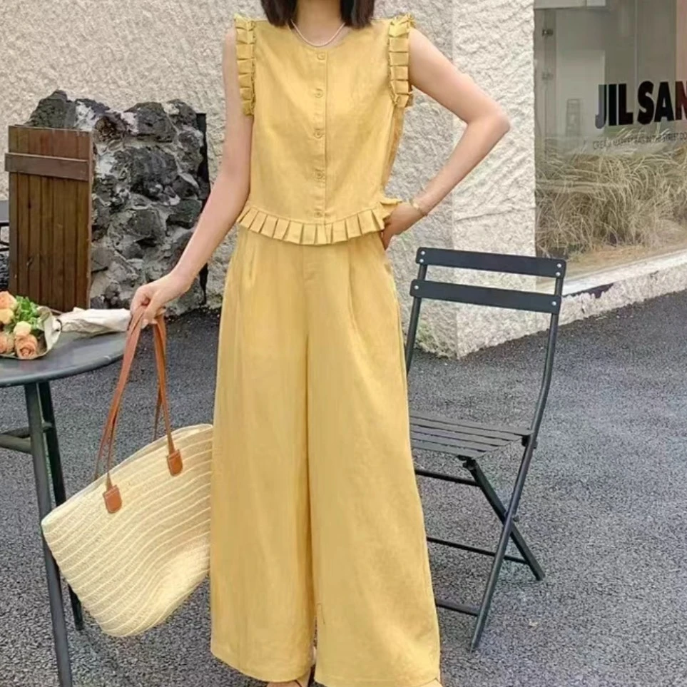 娟儿家韩系时尚休闲套装女夏季无袖荷叶边马甲宽松阔腿裤两件套
