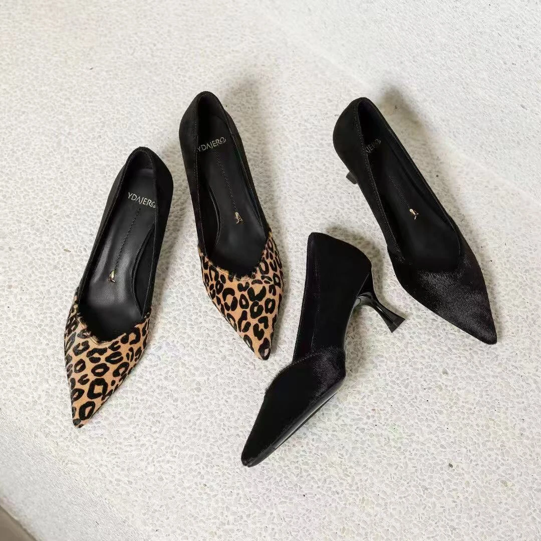 【小贝家】一代5cm小跟尖头马毛材质高跟鞋简约百搭软底单鞋女2307