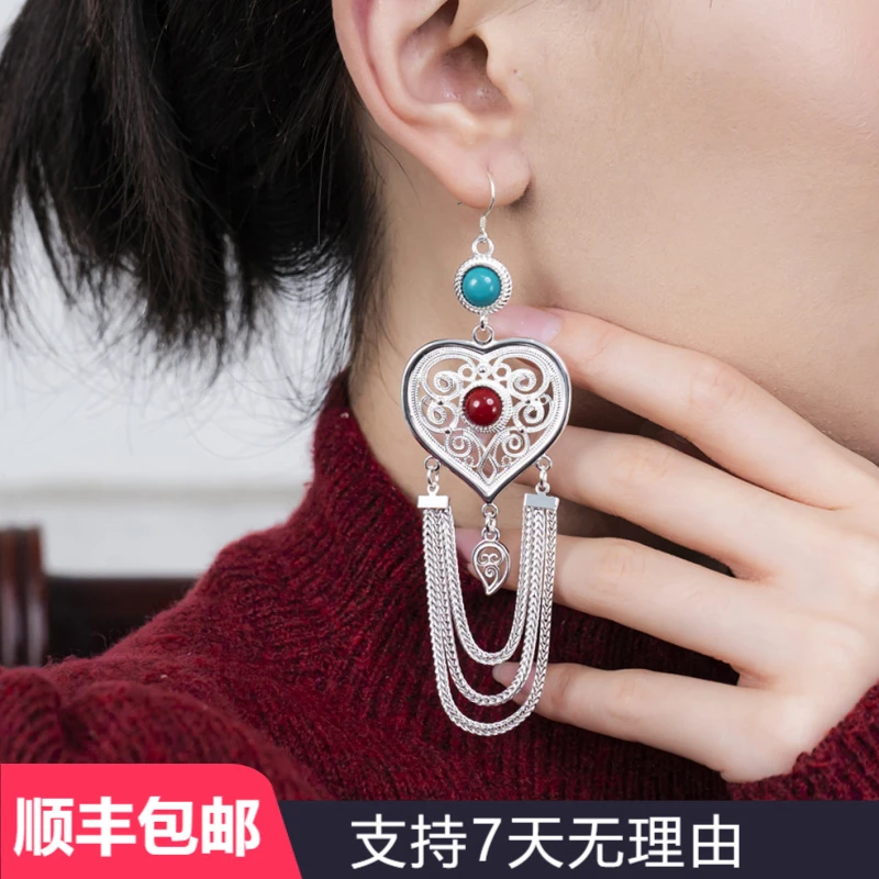 A101足银999耳钩气质长款时尚百搭国风轻奢复古耳饰