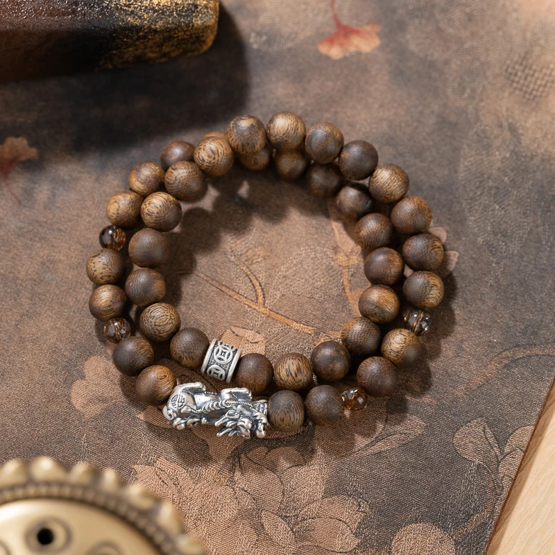 沉香莺歌绿奇楠沉香9mm貔貅双圈手串999足银新中式禅意木质文玩
