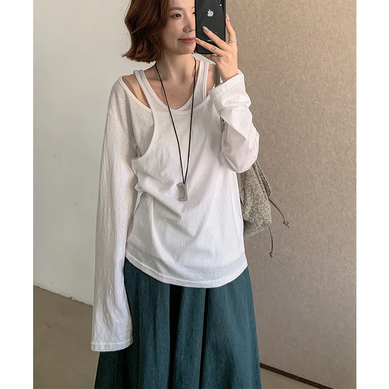 港风个性大T 交叉肩带假两件宽松中长薄棉长袖T恤女6166