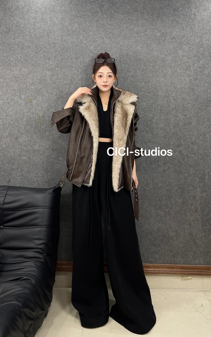 CICI冬季休闲保暖毛领pu皮外套翻领拉链气质外套毛领夹克女秋冬