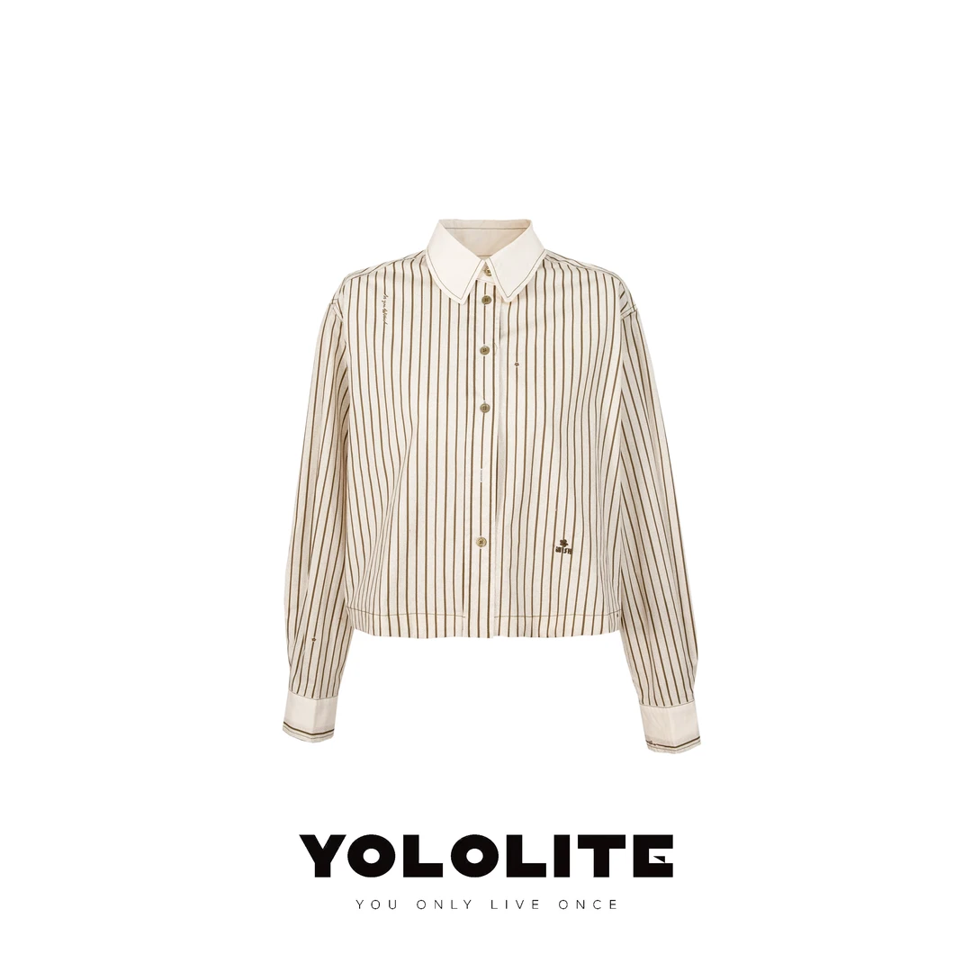 YOLOLITE【传世乐章】2535夏季撞色拼接POLO领竖条纹印花短衬衫