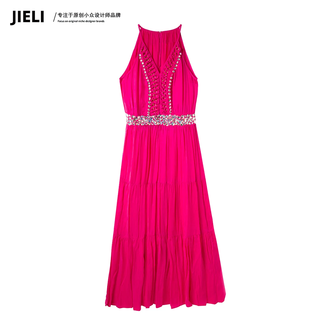 JIE LI/街力设计师高级感夏季中长款显瘦V领连衣裙女W1076