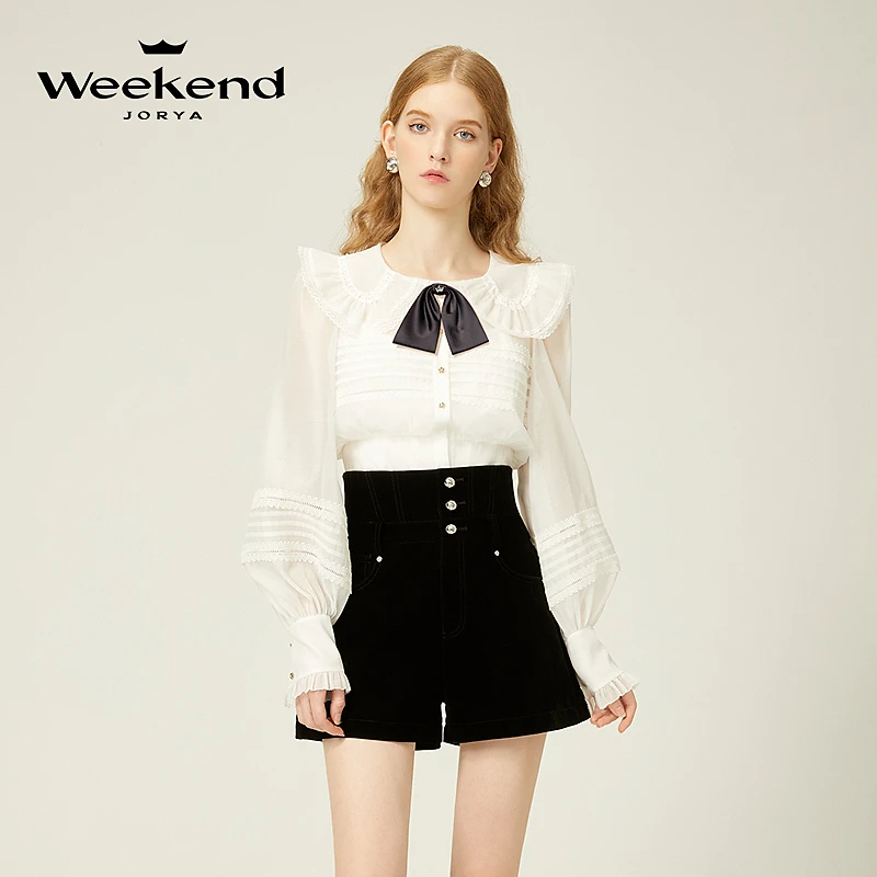 【若谷粉丝专属】卓雅周末荷叶边蝴蝶结灯笼袖雪纺衫上衣EJWEAQ10