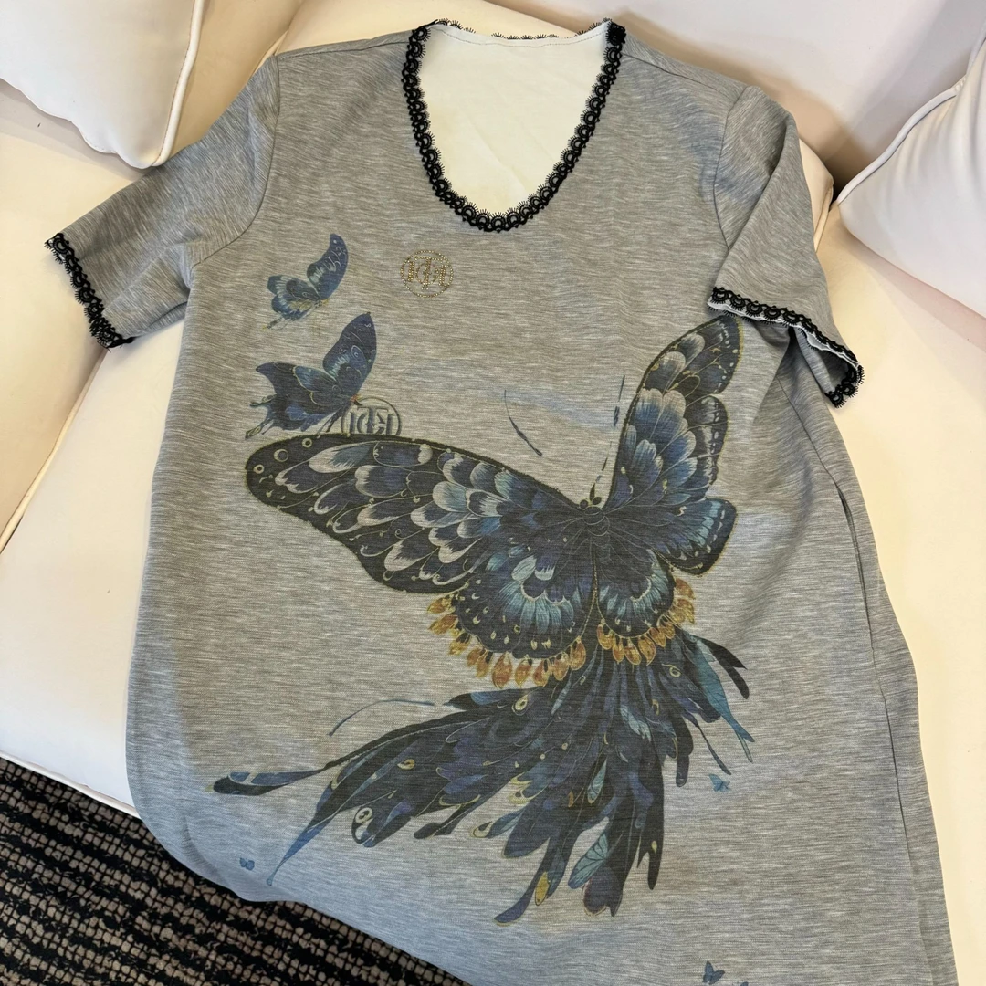 TCH轻奢烫钻工艺时尚灰色蕾丝花边连衣裙女T72B30E7026私服tch