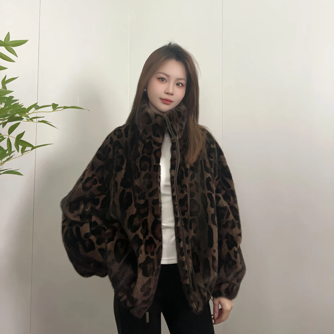 SAILUO DINA /豹纹新款紫金短二进口水貂毛外套女咖啡色半抽