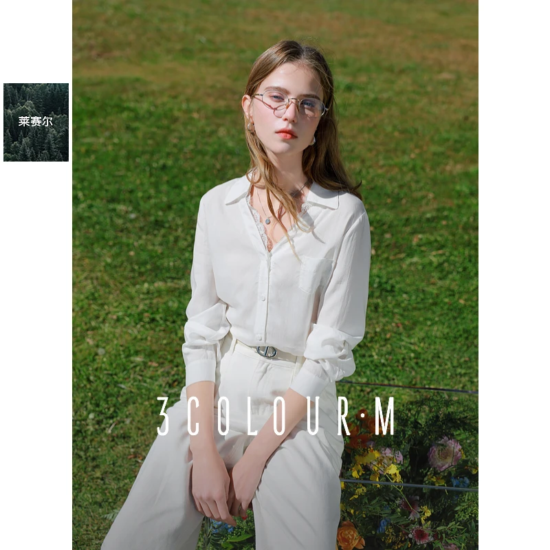 三彩2025春季新款莱赛尔白衬衫法式翻领蕾丝宽松长袖衬衣开衫M