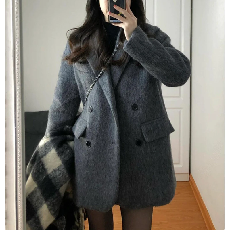 翻领秋冬装新款毛呢外套女短款小个子高级感西装赫本风厚呢子大衣