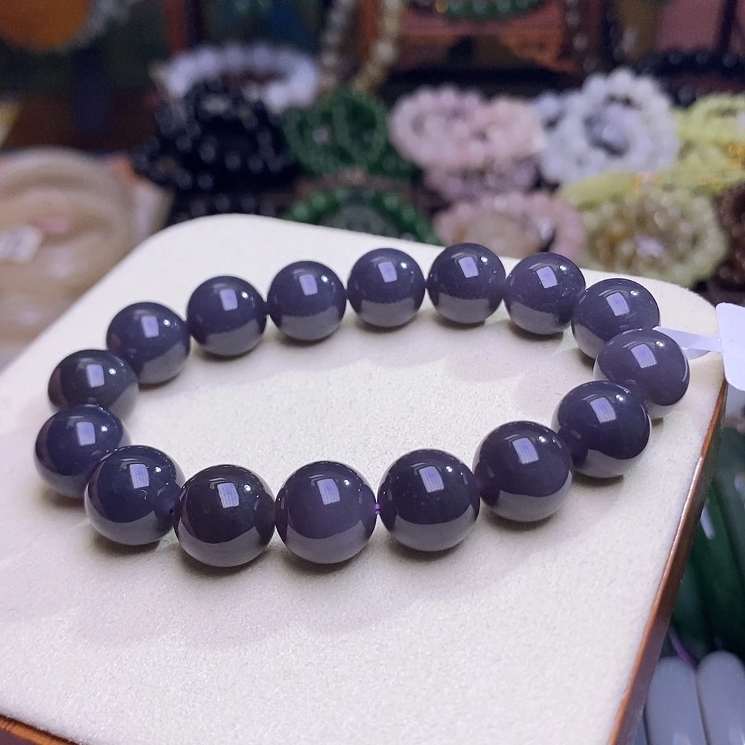 和田玉未镶嵌颈饰老矿料浓烟紫手串12m