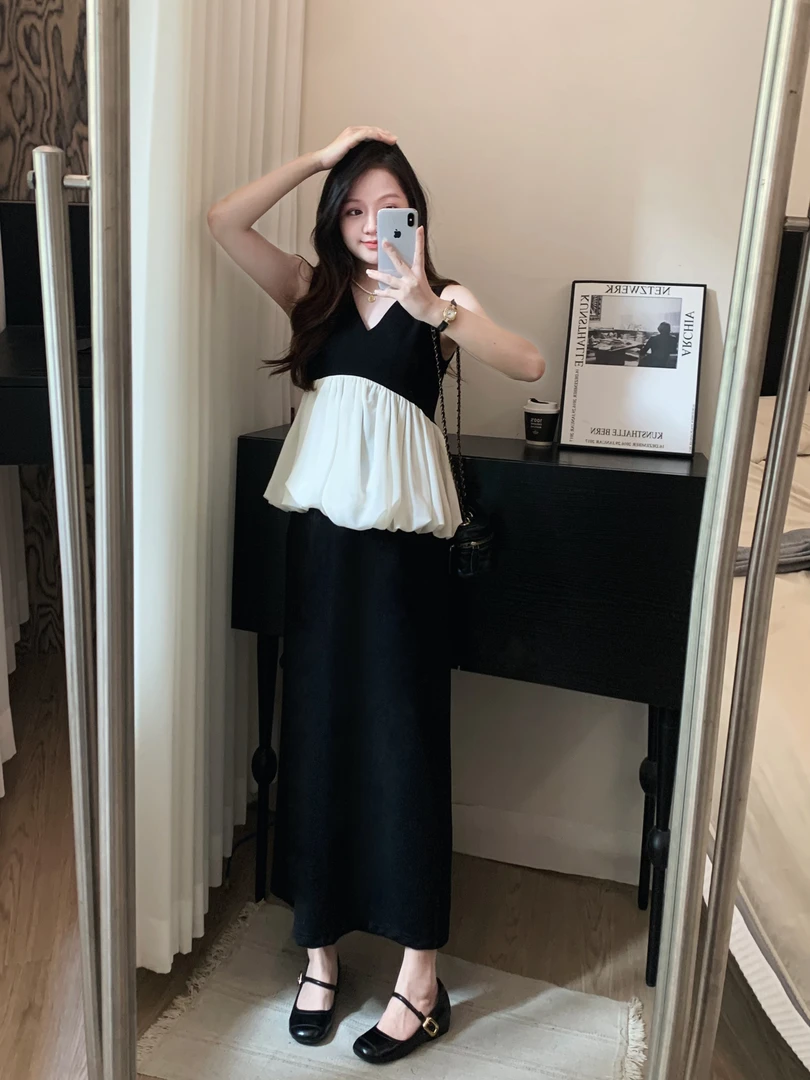 运费补贴小个子夏季韩版时尚法式气质套装裙V领无袖拼接网纱上衣