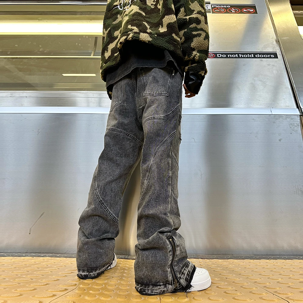 south美式高街vibe风拉链可调节牛仔裤男潮牌宽松堆积感微喇长裤