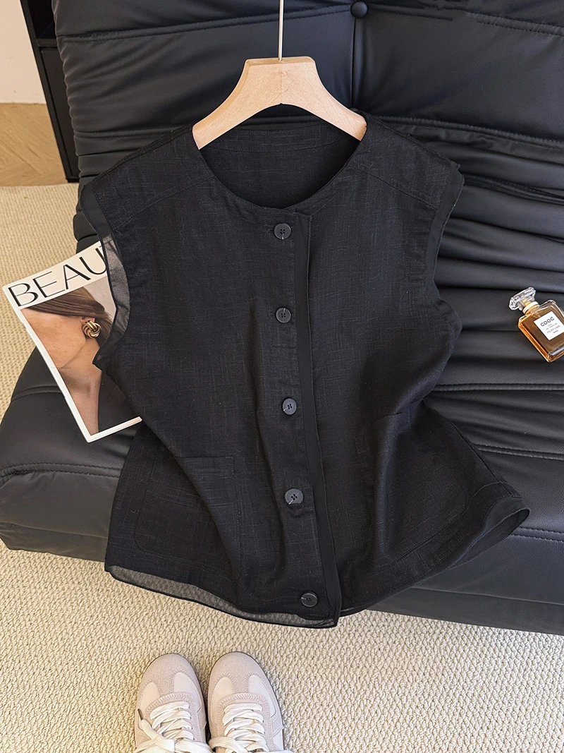 高级感黑色亚麻无袖坎肩马甲女上衣叠穿轻薄宽松开衫夏季宽松衬衫