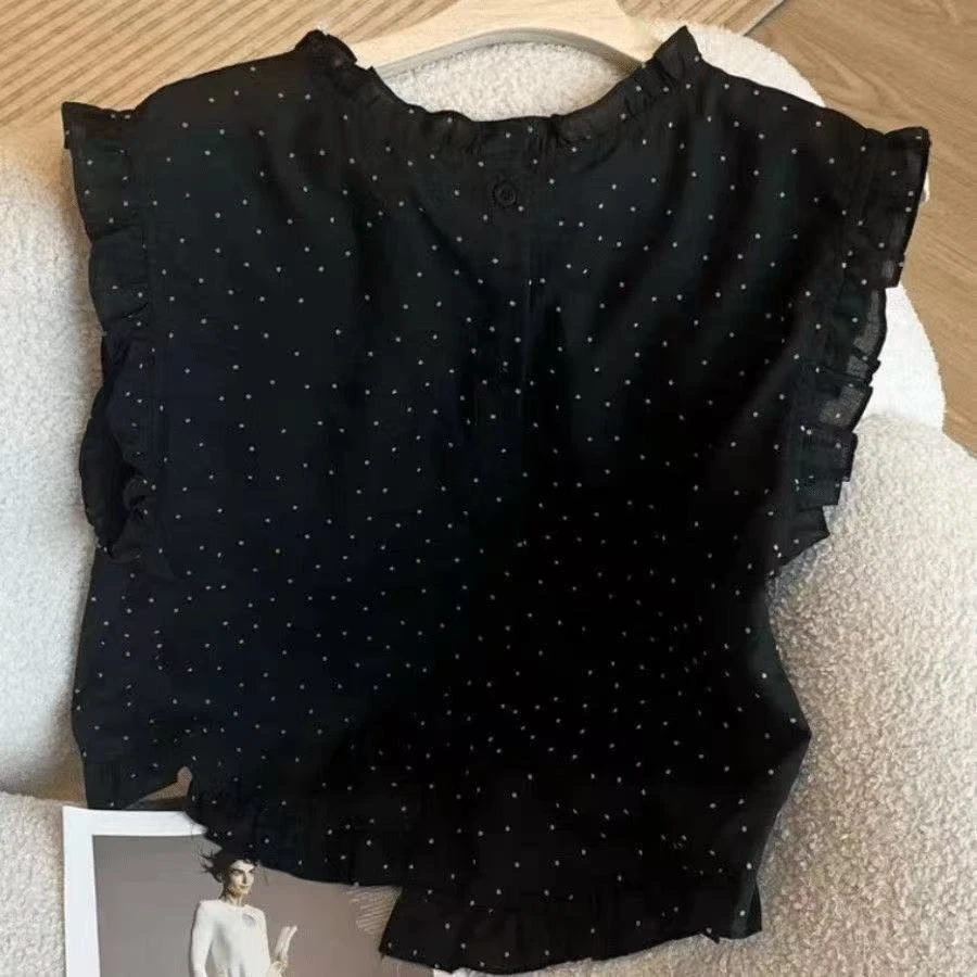 波点新款小衫夏季无袖设计洋气短款衬衣