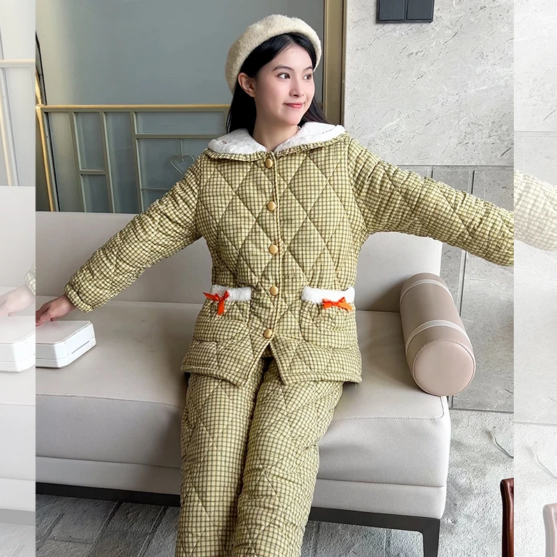 【微醺海棠】三层夹棉睡衣女加厚甜美梭织格保暖时尚加绒家居服两件