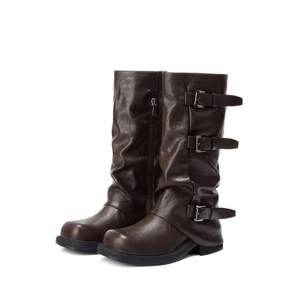 热风同款爆款高筒长靴女2025新款秋季西部牛仔堆堆靴骑士靴长筒靴