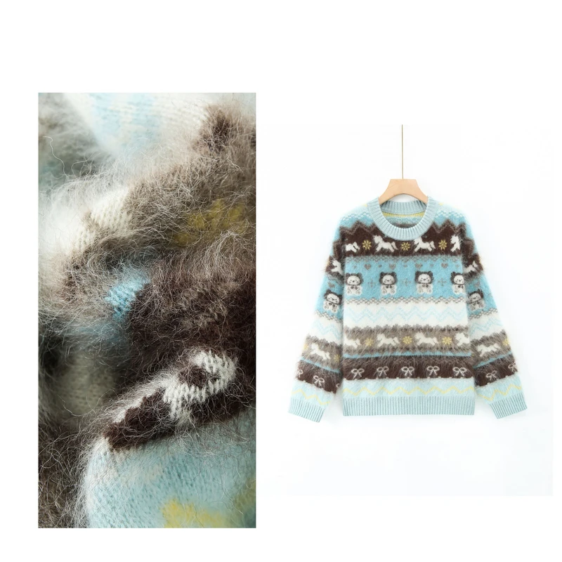 2025新款山羊绒拉绒重工圣诞款蓝色小熊-382