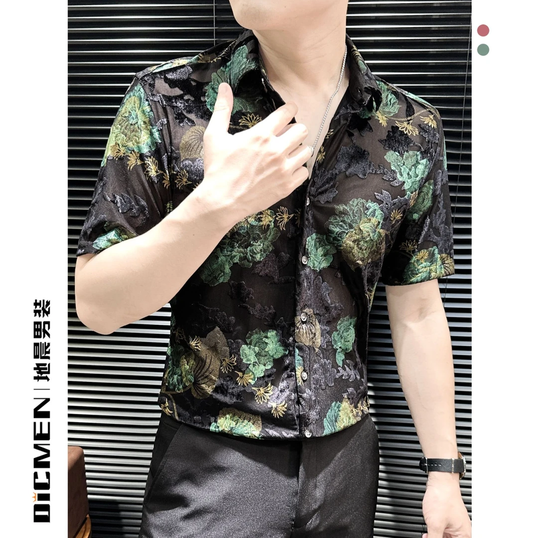 透视衬衫短袖网纱印花纹薄款透气休闲风修身男士衬衣新款2025爆款