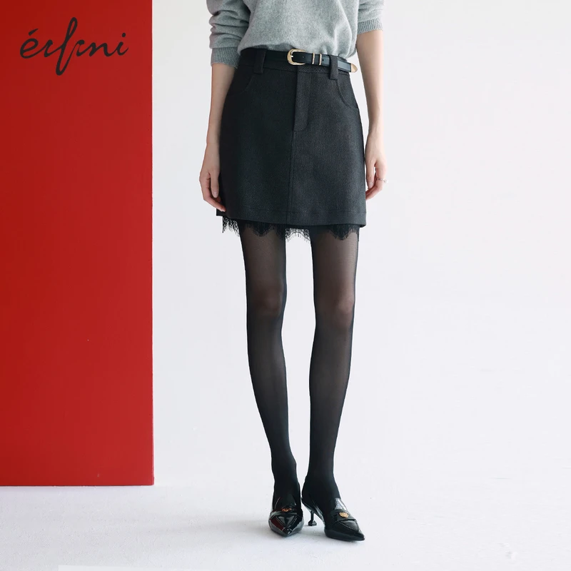 伊芙丽时髦质感拼接蕾丝短裙女冬季气质设计感茶歇半裙1FC940511