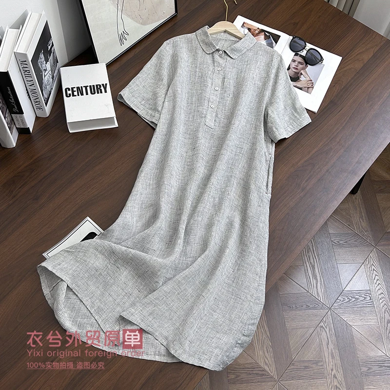 （细灰格亚麻连衣裙）896夏季复古文艺轻薄舒适百搭透气长款衬裙G