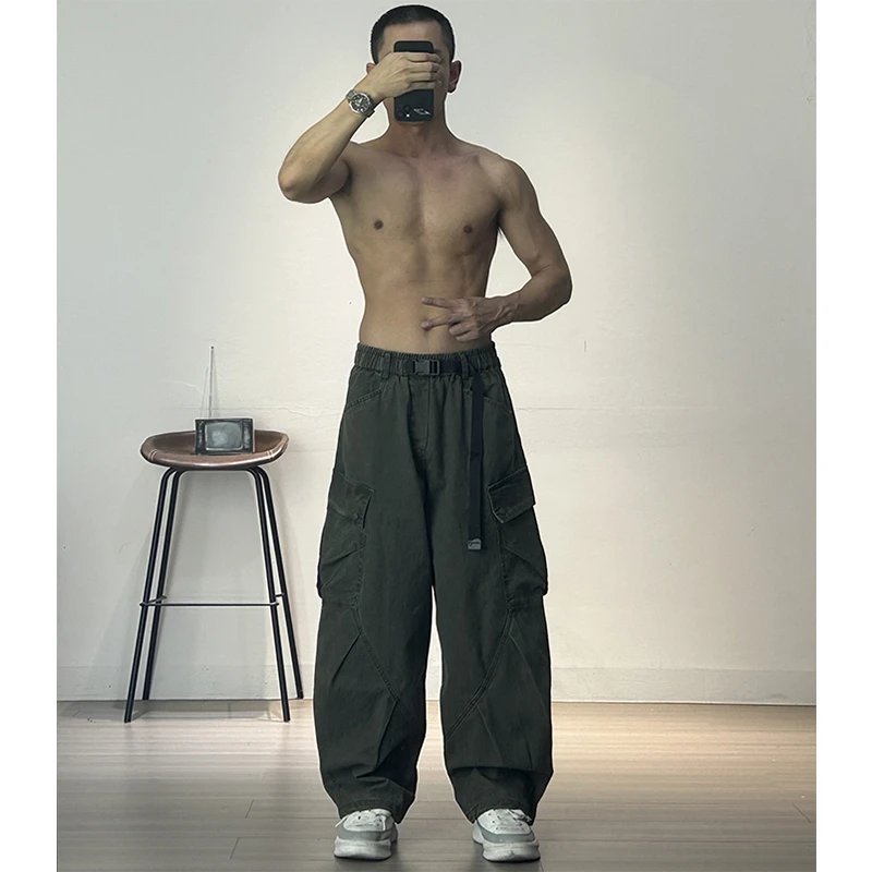 美式高街潮牌重磅水洗复古立体剪裁弯刀裤男多口袋工装裤阔腿长裤