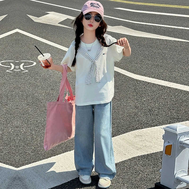 女童夏季套装2025新款儿童休闲短袖T恤牛仔阔腿裤夏装两件套潮款