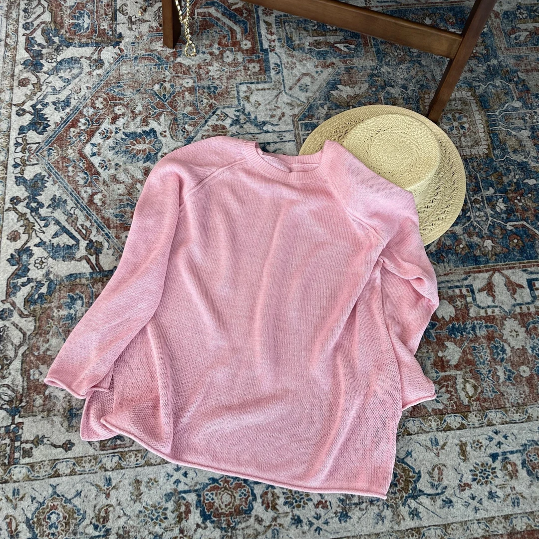 LNHJ【风华】简约百搭防晒插肩针织和纸纱线圆领上衣