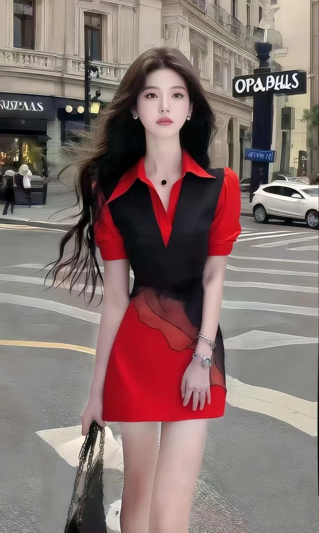 温柔知性风时尚红色衬衫领修身收腰不规则连衣裙女轻奢小众女装