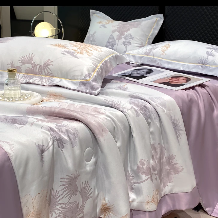 高精密数码印花四季被子被芯空调被两件套-发财树-紫