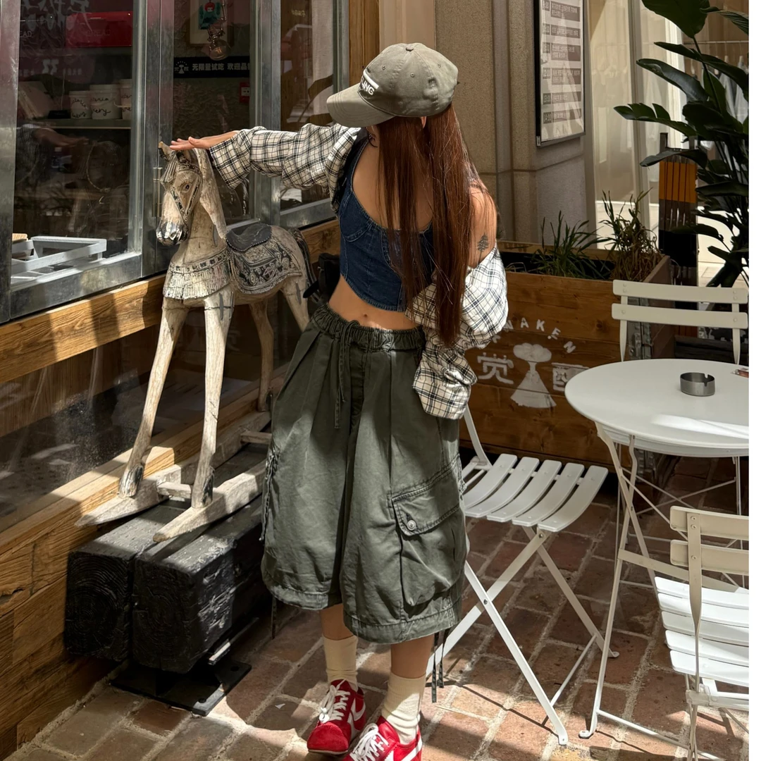 LT 推荐东大门男女同款绿色五分工装裤