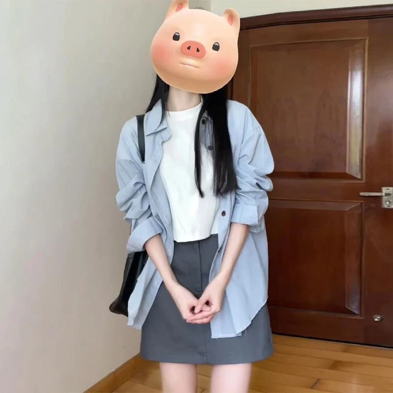 蓝色长袖防晒衬衫外套女2024早秋新款高级感棉麻衬衣气质法式上衣