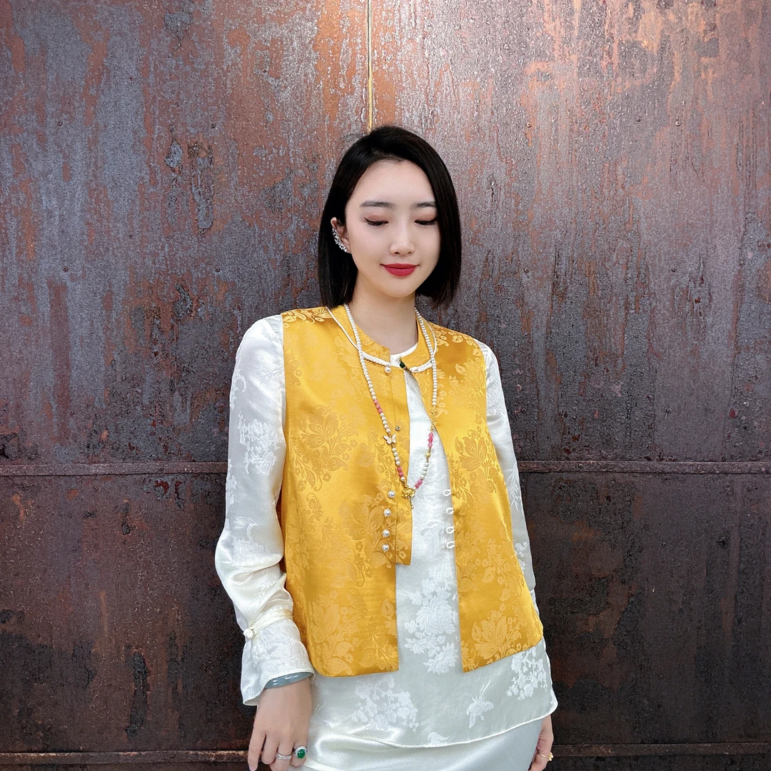 新中式国风时尚桑蚕丝女士宋锦圆领马甲无袖潮牌马夹HF-870101-32