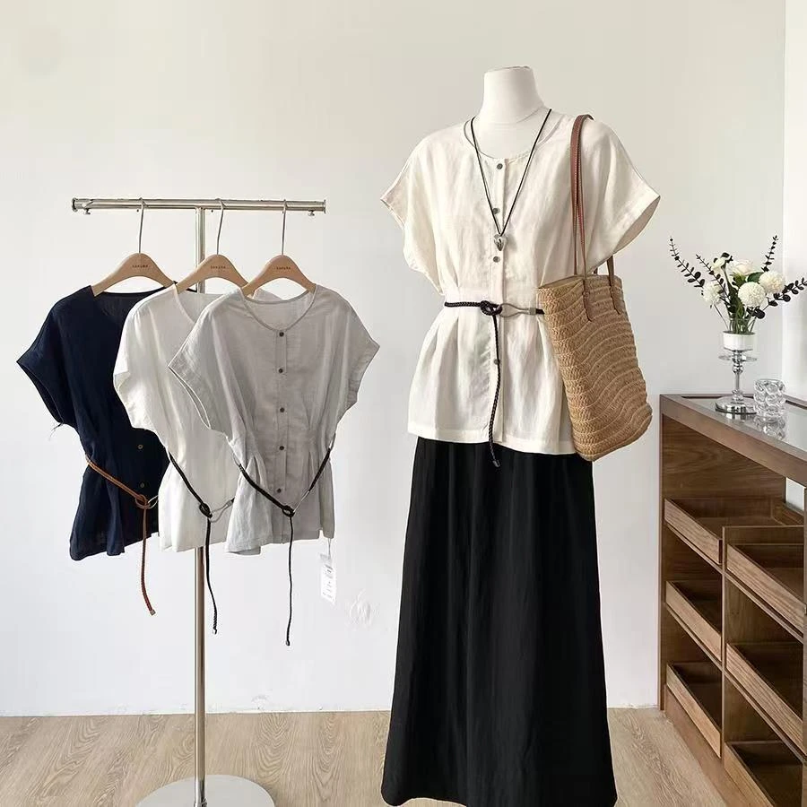 2025夏季百搭圆领系带收腰短袖衬衫女气质纯色上衣半身裙套装1911