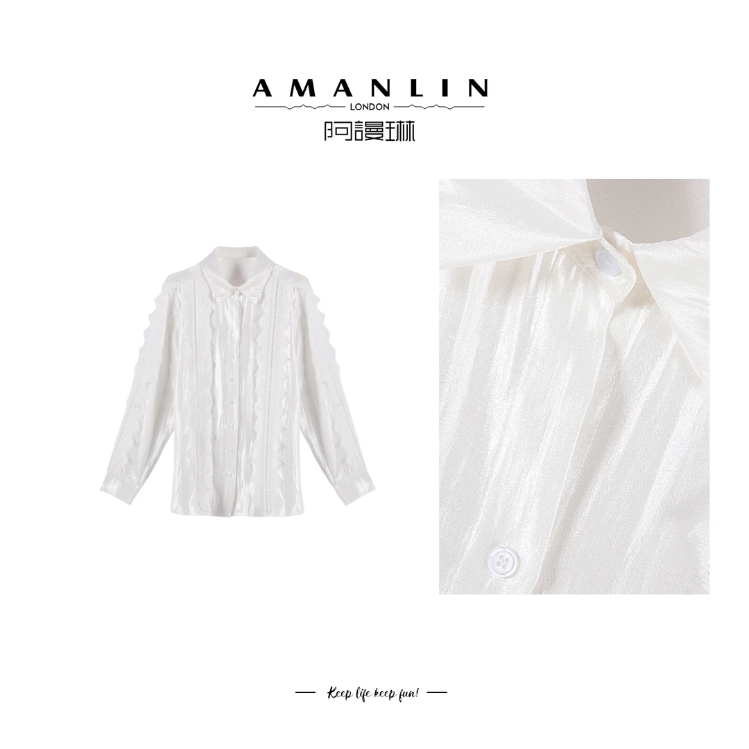 【AMANLIN】INS风蕾丝花边设计感白色时尚气质衬衫上衣F595355