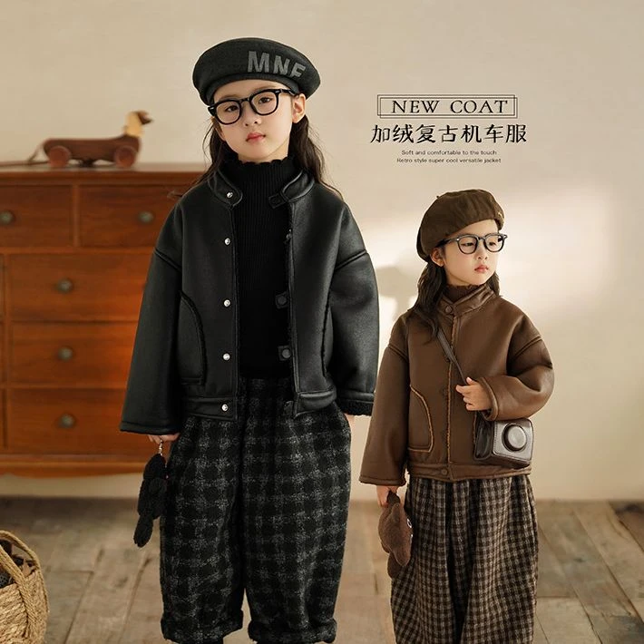 砚台家复古女宝宝立领机车服儿童皮衣女童保暖外套中小童夹克
