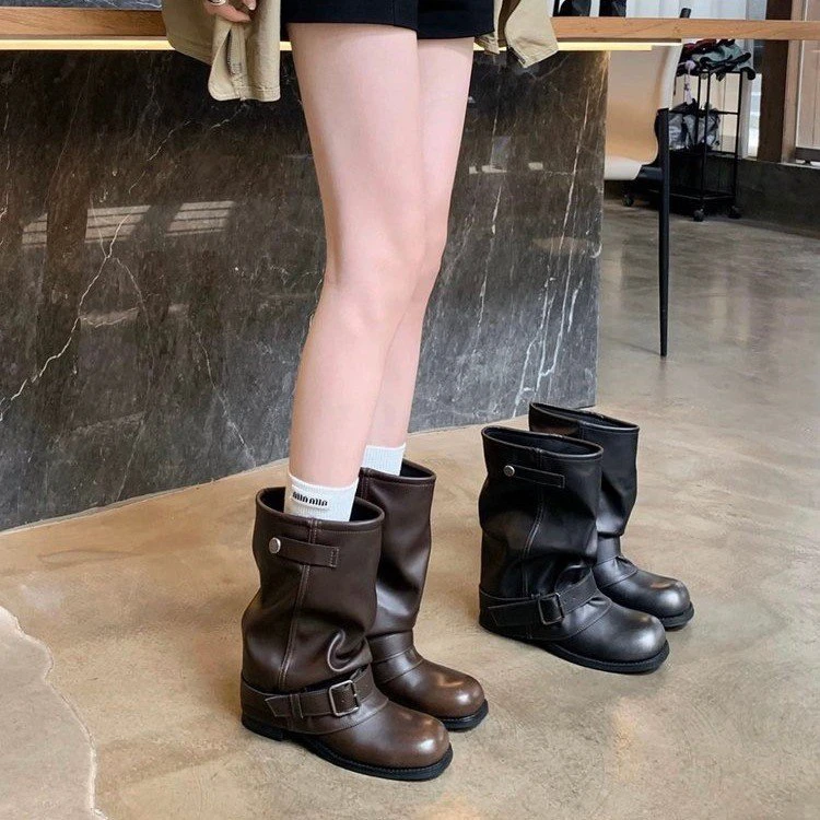 复古棕色马丁靴女鞋2025新款春秋单靴粗跟显瘦内增高堆堆靴裤管