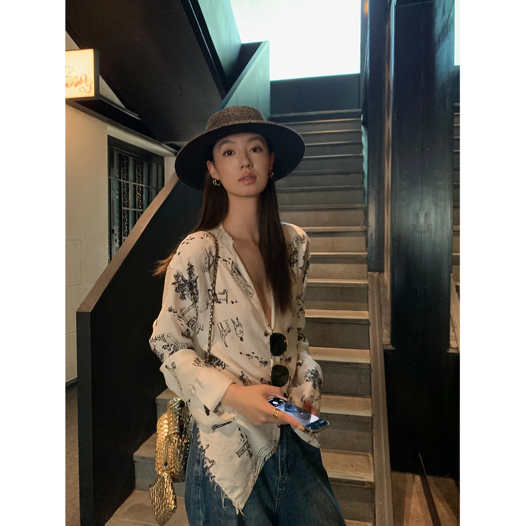 Gakee【复古画报】法式文艺长袖衬衫毛边防晒衬衣C35393GK52