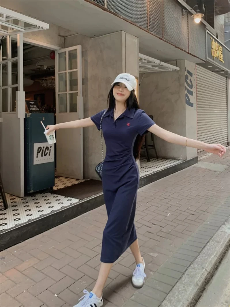 polo刺绣短袖裙休闲连衣裙通勤洋气新款收腰显瘦裙子女法式8803