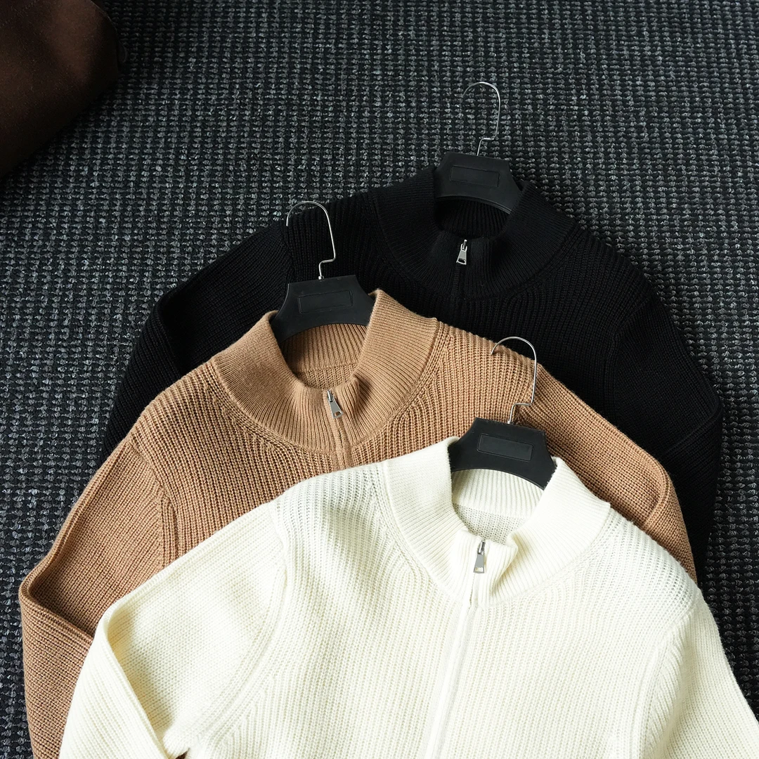 CssuGent (100%绵羊毛) 冬季立领拉链保暖毛衫外套男纯色开衫毛衣