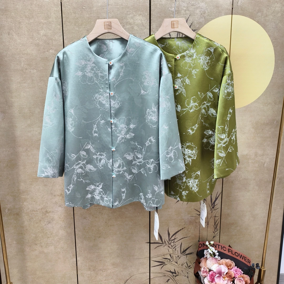 【橙庐】454002原创新中式山茶花高定提花七分袖外套 春秋女款国风